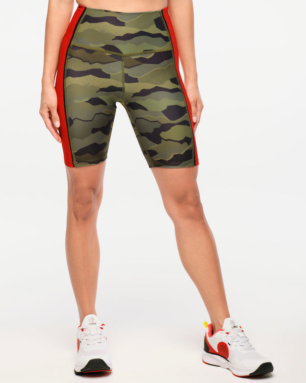 Zumba Explore High Waisted Biker Shorts - Olive Expedition