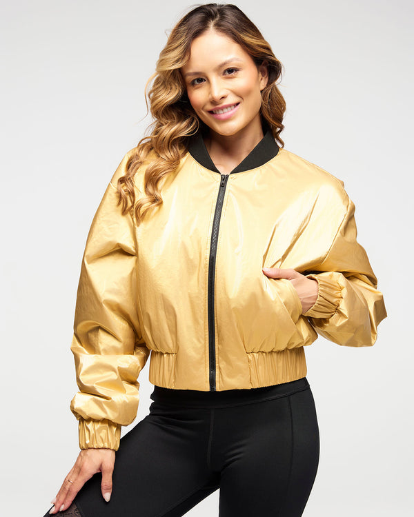 Zumba Runway Crop Zip Up Puff Bomber Jacket