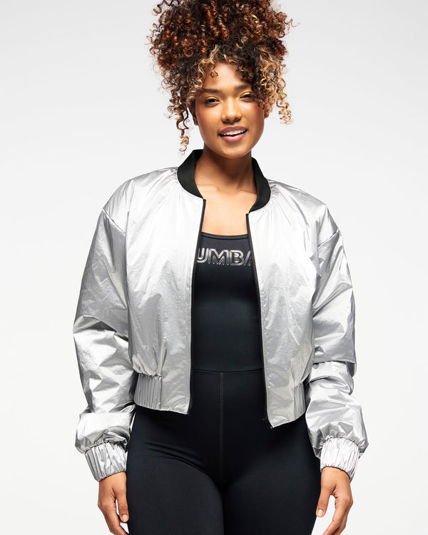 Zumba Runway Crop Zip Up Puff Bomber Jacket