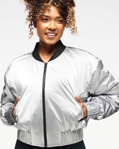 Zumba Runway Crop Zip Up Puff Bomber Jacket