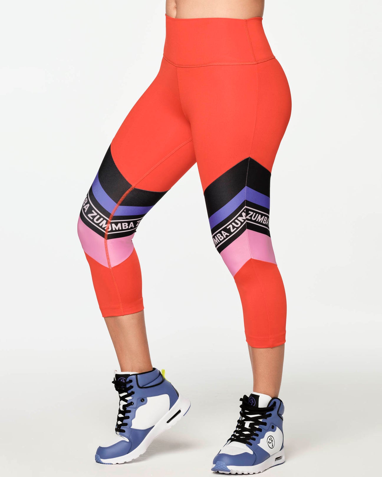 Shop the ZW Varsity High Waisted Crop Leggings for a slimming, flattering  fit. Bold side panels and Zumba branding add style.
