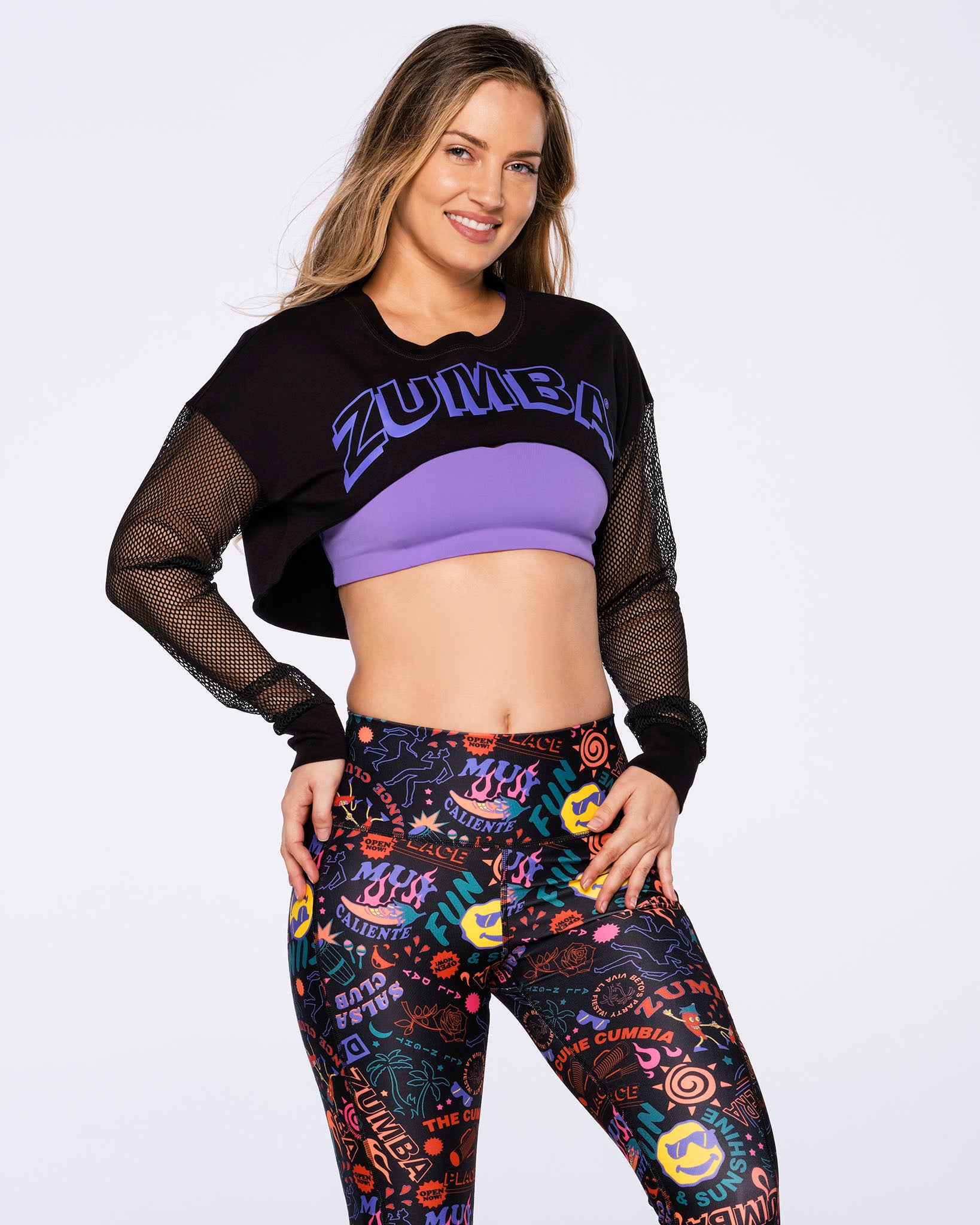 Zumba The World Is Our Dance Floor Crop Top - Oatmeal / Black